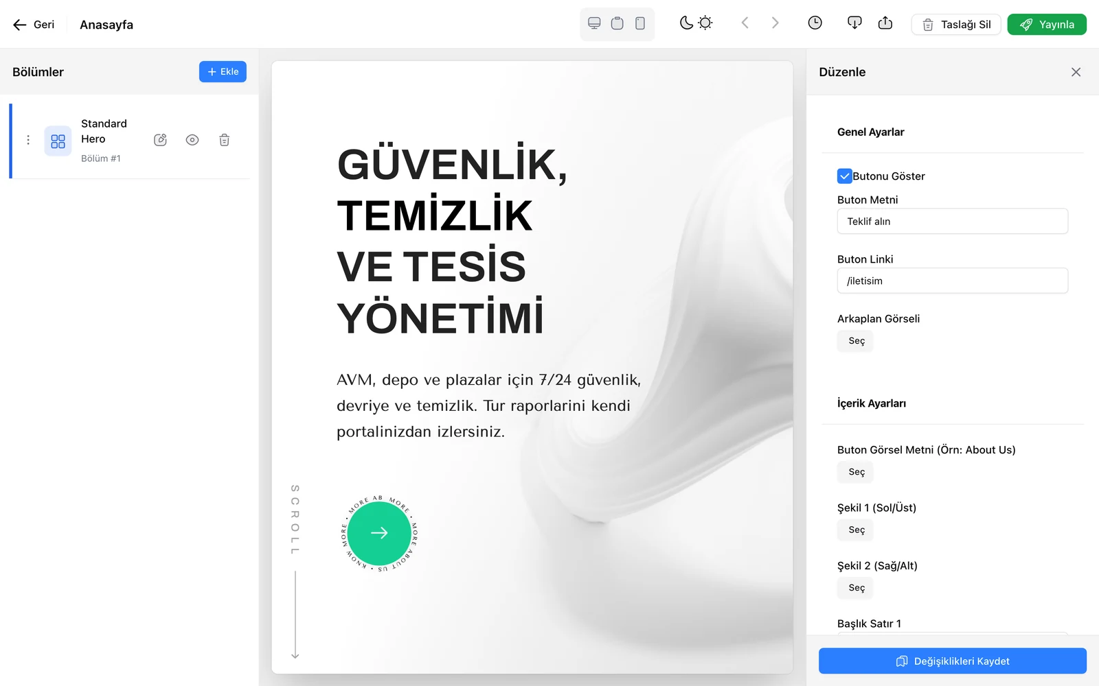 Sayfa düzenleyici: bölümler ve canlı önizleme